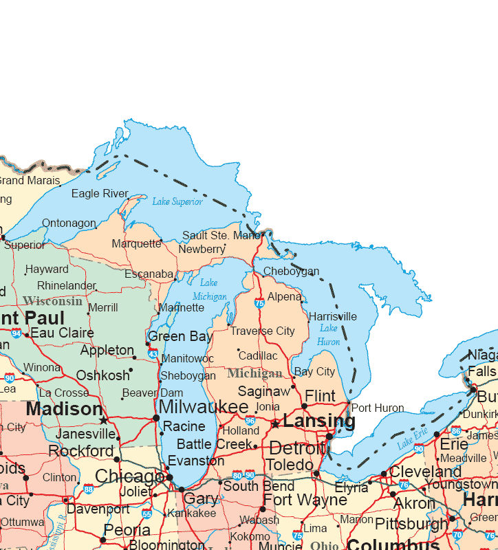 Upper Midwest States. The Upper Midwest map includes Michigan and eastern