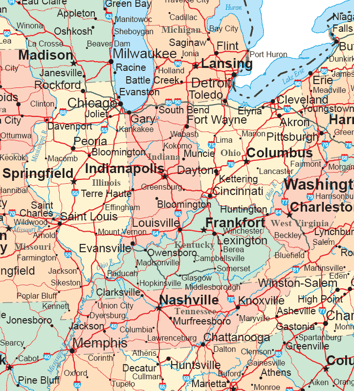 Midwestern States. The Midwest map includes Illinois, Indiana, Ohio,