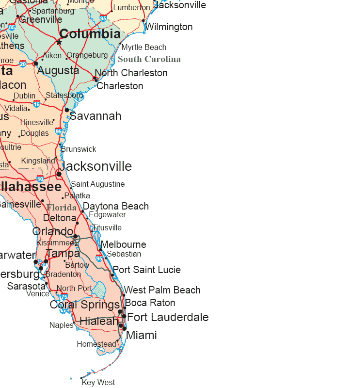  United States map includes eastern Florida, Georgia, and South Carolina.