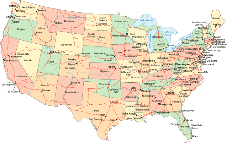 This political map, of the USA's 48 contiguous states, 