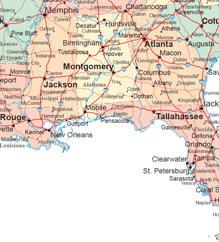 map of alabama and mississippi Deep South States Road Map map of alabama and mississippi